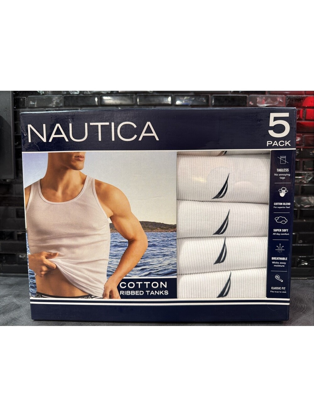Nautica Men's Cotton Blend Ribbed Tank Tops 5-Pack Size Medium White Brand New